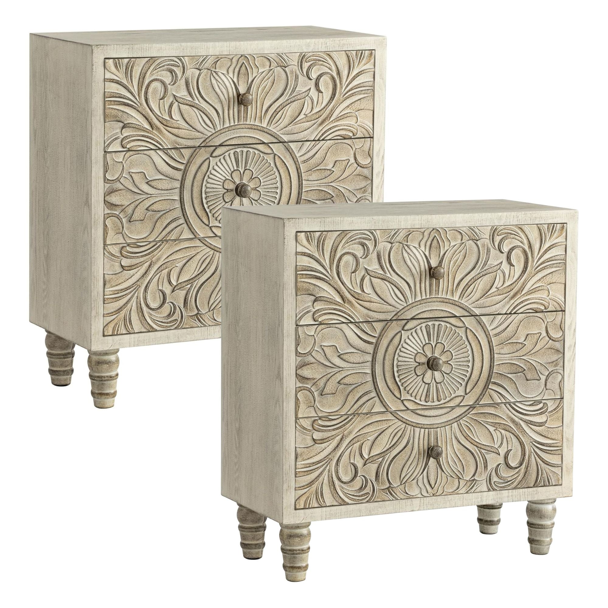 COZAYH Farmhouse 3 Drawer Home Bedroom Dresser with Flower Motif Front, Set of 2