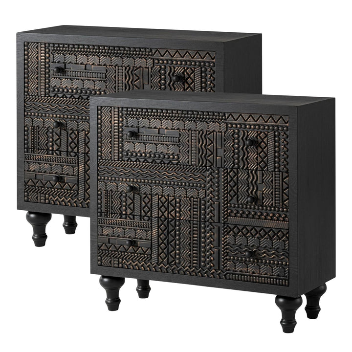 COZAYH Farmhouse 3 Drawer Home Dresser with Geometric Pattern, Black, Set of 2