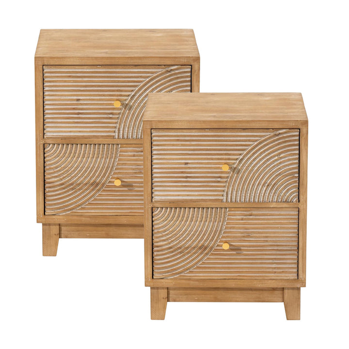 COZAYH Farmhouse 2 Drawer Nightstand with Wood Ring Pattern, Natural, Set of 2
