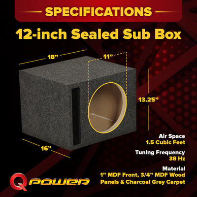 Q Power Single 12-Inch Vented Heavy Duty Subwoofer Enclosure, Charcoal Grey - VMInnovations