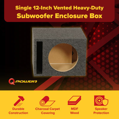 Q Power Single 12-Inch Vented Heavy Duty Subwoofer Enclosure, Grey (Open Box)