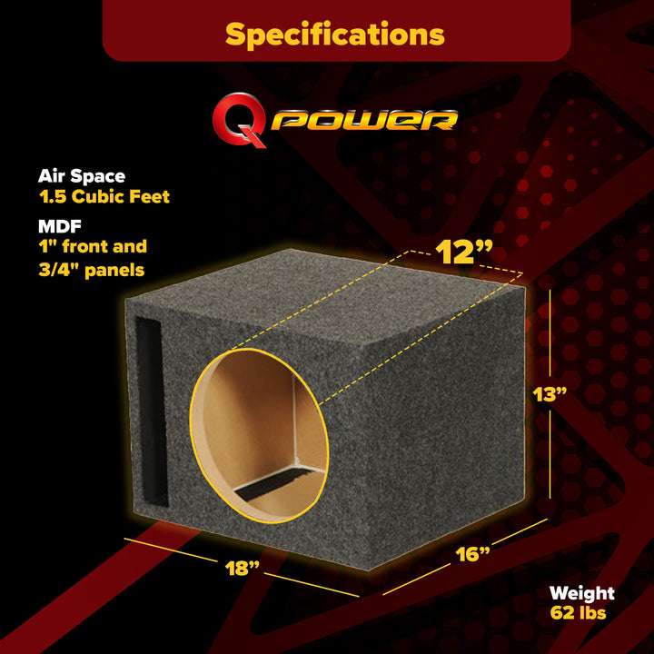 Q Power Single 12-Inch Vented Heavy Duty Subwoofer Enclosure, Charcoal Grey