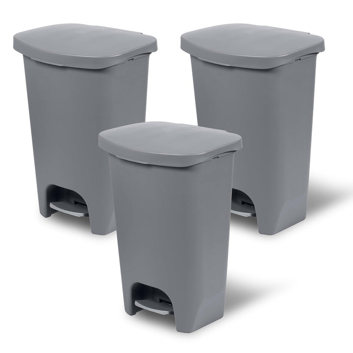 Glad Kitchen Trash Can with Lid and Garbage Bag Rings, 13 Gal, Grey, 3 Pack