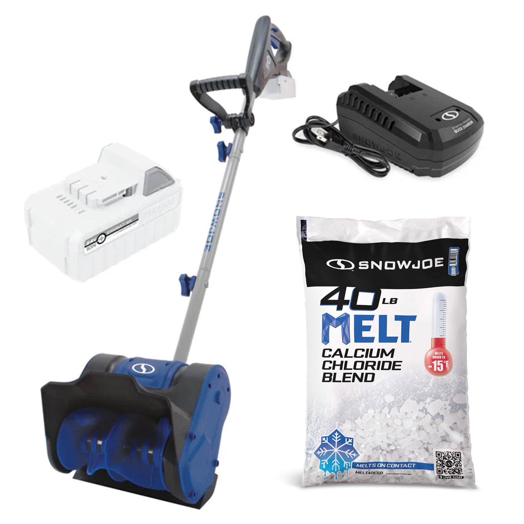Snow Joe Calcium Chloride Ice Melt 40 Pounds & Cordless Shovel for Snow Removal