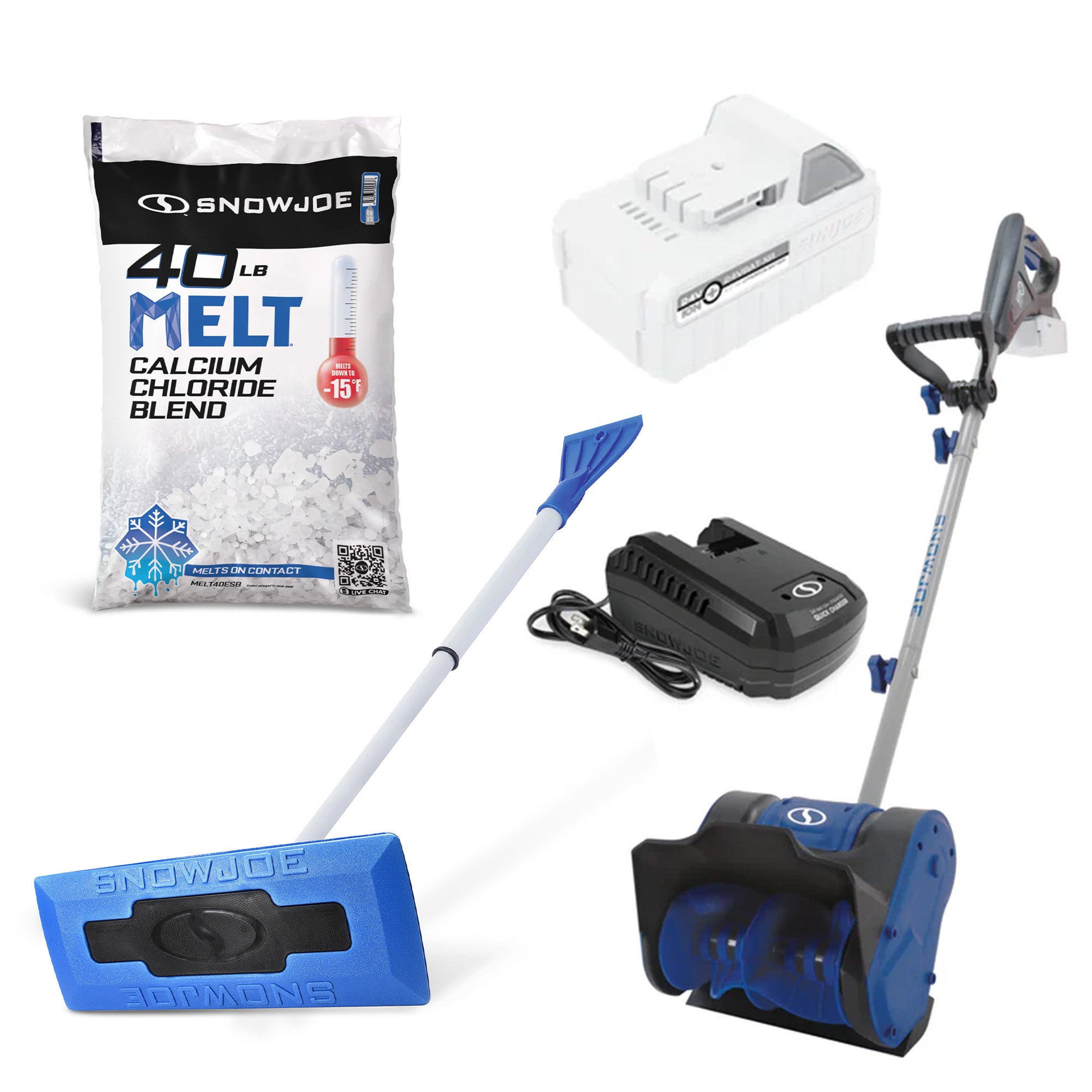 Snow Joe Calcium Chloride Ice Melt 40 Lbs, Windshield Scraper & Cordless Shovel