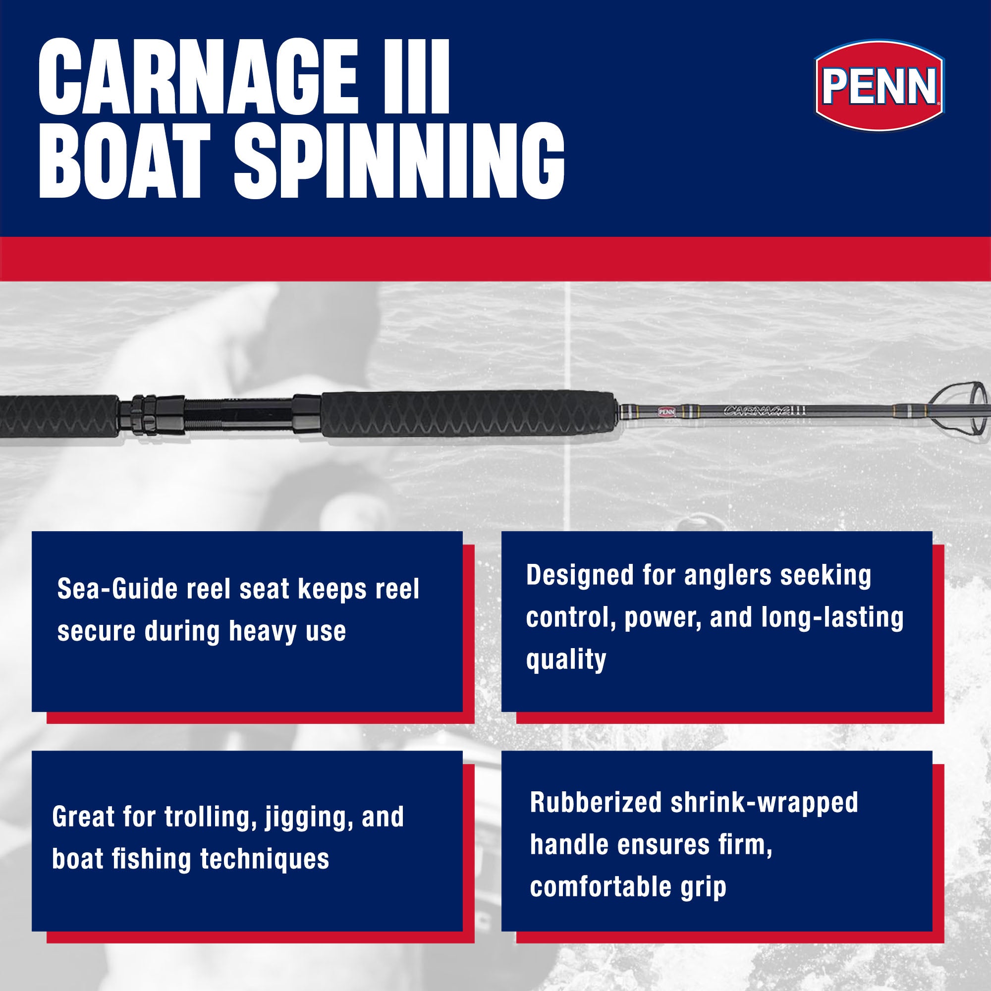 Penn Carnage III Conventional Spinning Fishing Rod 8’, up to 100 Lbs (Open Box)