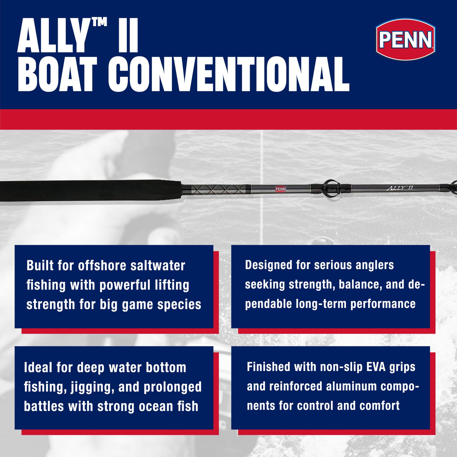 Penn Ally II Boat Conventional Casting Fishing Rod 6 Feet, up to 50 Lbs, Black - VMInnovations