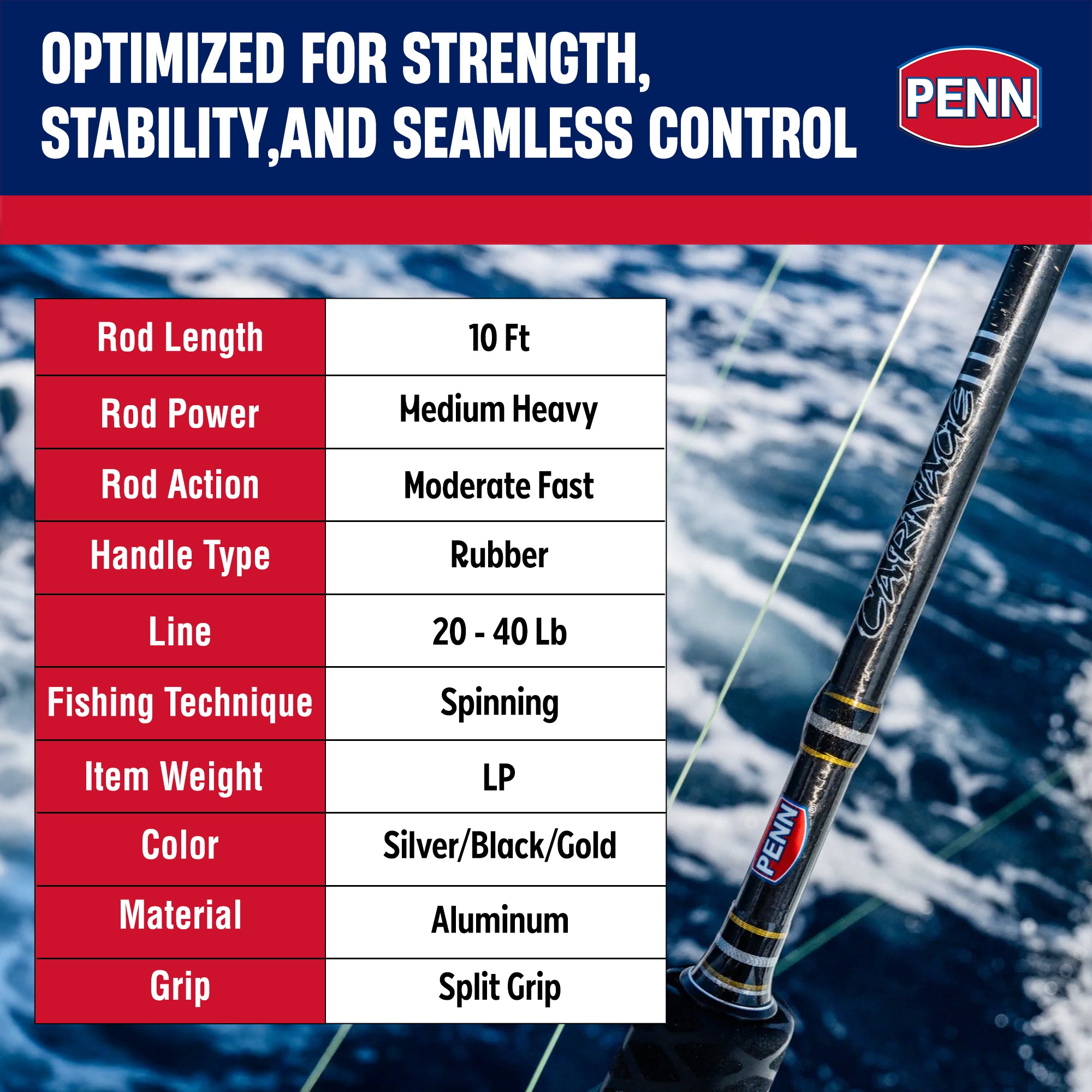 Penn Carnage III Conventional Spinning Fishing Rod 10’, up to 40 Lbs (Open Box)