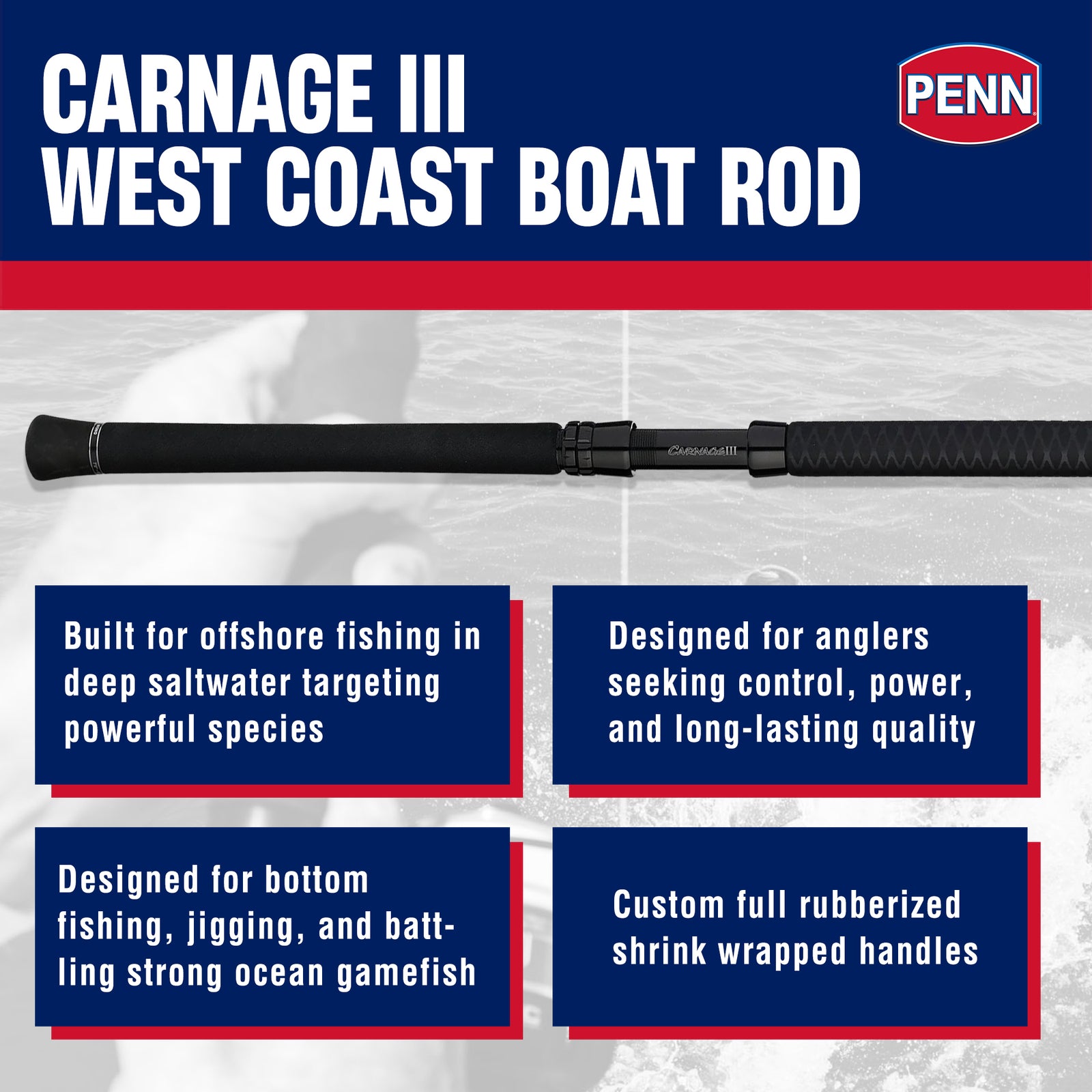 Penn Carnage III Boat Conventional WC Spinning Fishing Rod 7’, up to 130 Pounds - VMInnovations
