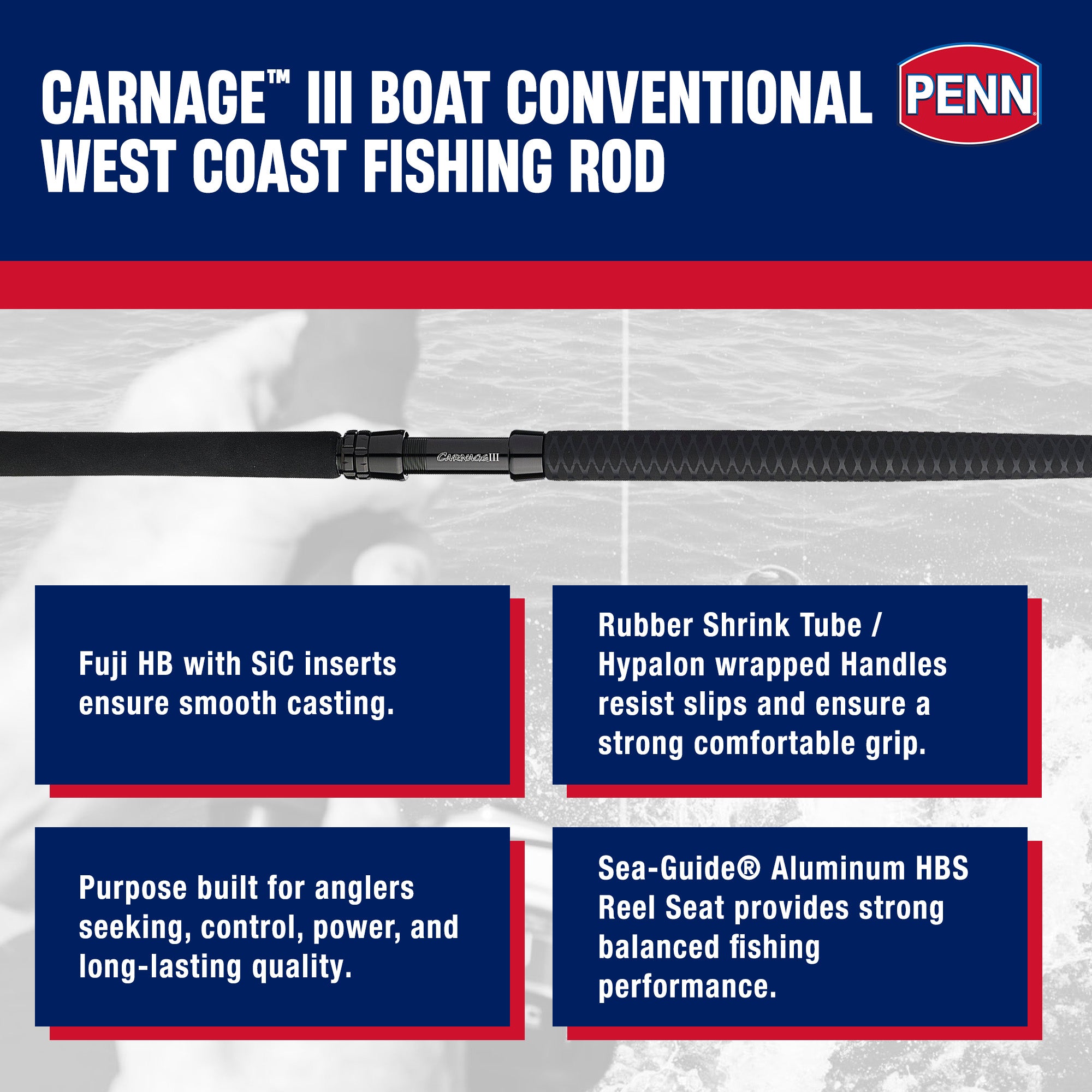 Penn Carnage III Boat Conventional WC Spinning Fishing Rod 7’, up to 150 Pounds