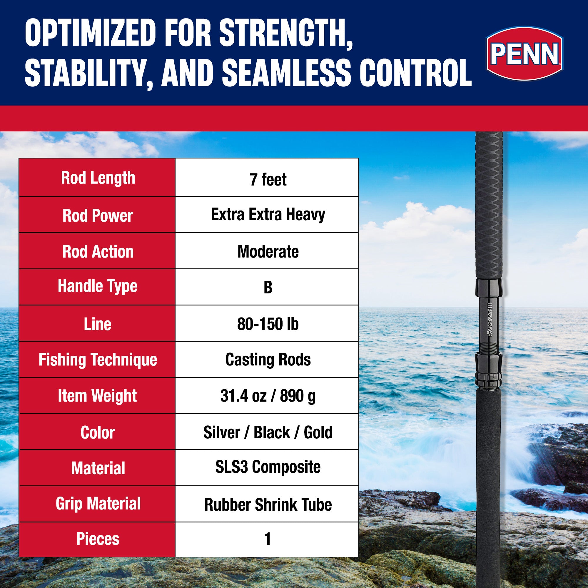 Penn Carnage III Boat Conventional WC Spinning Fishing Rod 7’, up to 150 Pounds