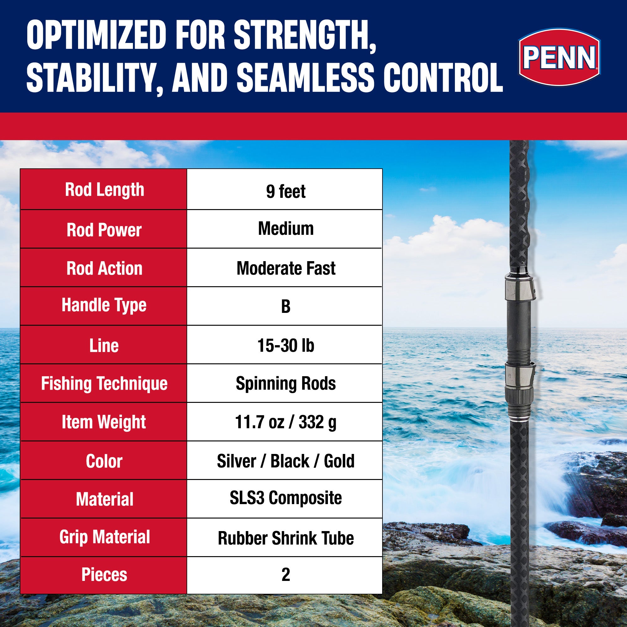 Penn Carnage III Surf Conventional Spinning Fishing Rod 9’, up 30 Lbs,(Open Box) - VMInnovations