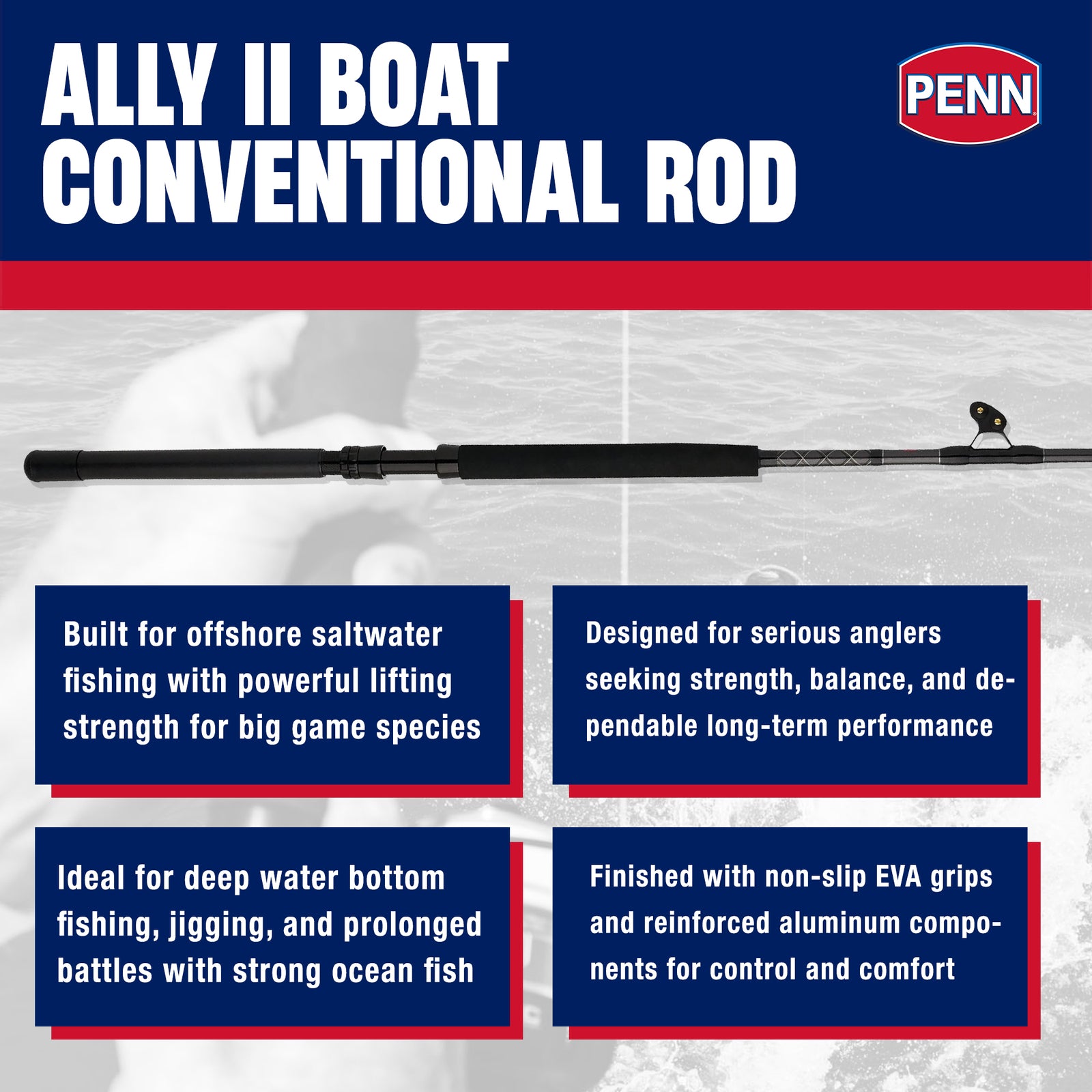 Penn Ally II Boat Conventional Casting Fishing Rod 6 Feet, up to 80 Lbs, Black - VMInnovations