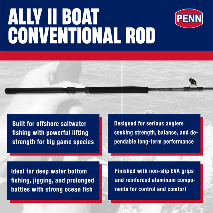 Penn Ally II Boat Conventional Casting Fishing Rod 6 Feet, up to 80 Lbs, Black - VMInnovations