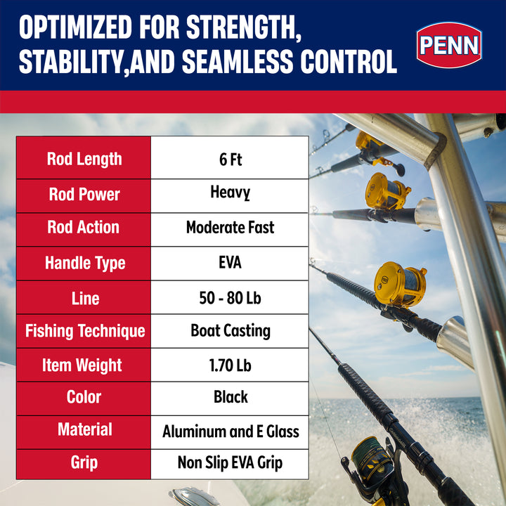 Penn Ally II Boat Conventional Casting Fishing Rod 6 Feet, up to 80 Lbs, Black - VMInnovations