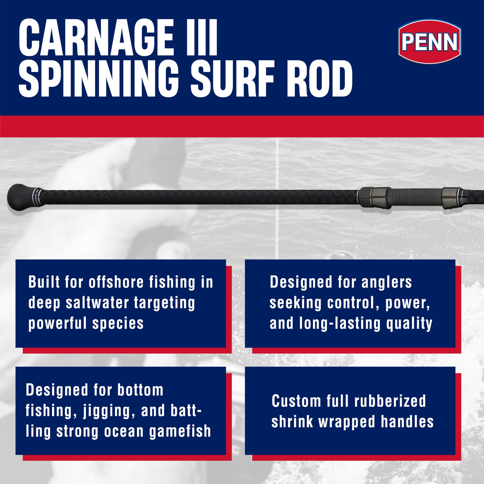 Penn Carnage III Surf Conventional Spinning Fishing Rod 12’, up to 50 Lbs, Black - VMInnovations