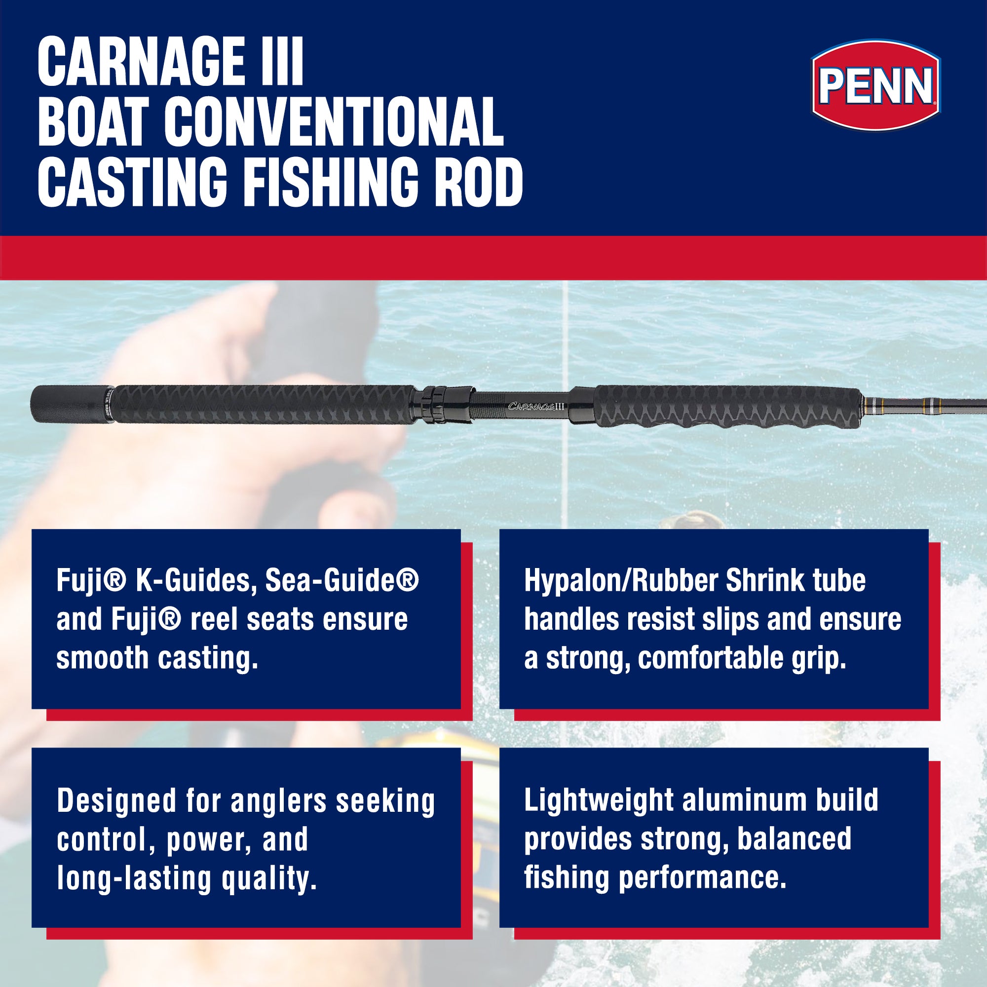 Penn Carnage III Boat Conventional Casting Fishing Rod 7’, up to 50 Lbs, Black - VMInnovations