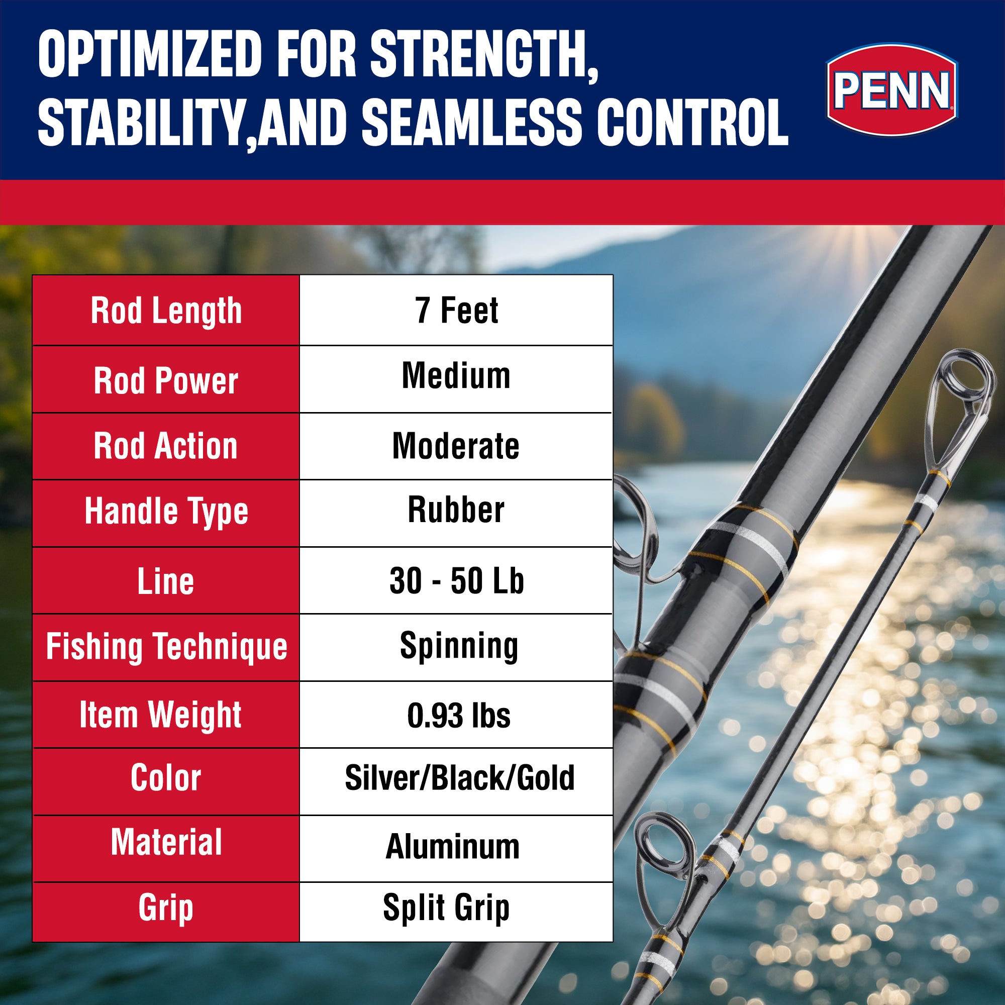 Penn Carnage III Boat Conventional Casting Fishing Rod 7’, up to 50 Lbs, Black - VMInnovations