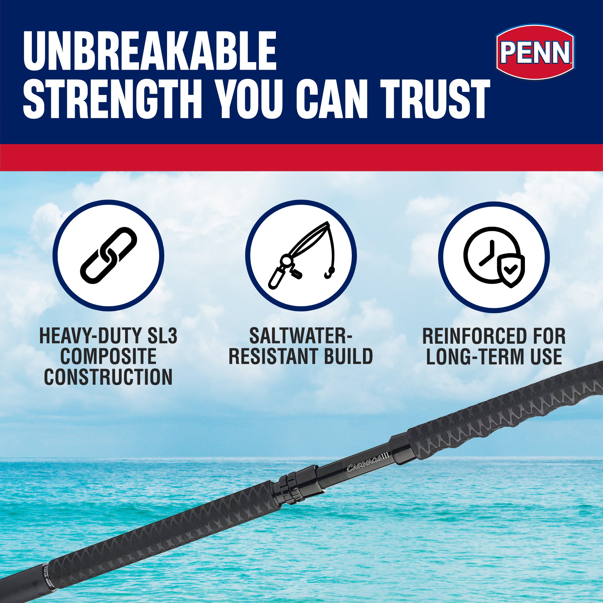 Penn Carnage III Boat Casting Fishing Rod 7’, up to 80 Lbs, Black (Open Box) - VMInnovations