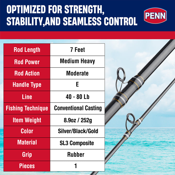 Penn Carnage III Boat Conventional Casting Fishing Rod 7’, up to 80 Lbs, Black - VMInnovations