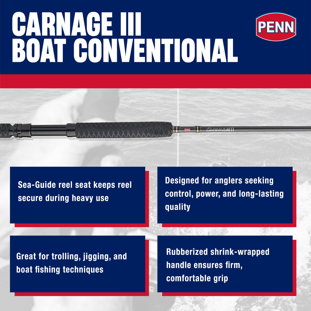 Penn Carnage III Boat Conventional Casting Fishing Rod 6'6", up to 100 Lb, Black - VMInnovations