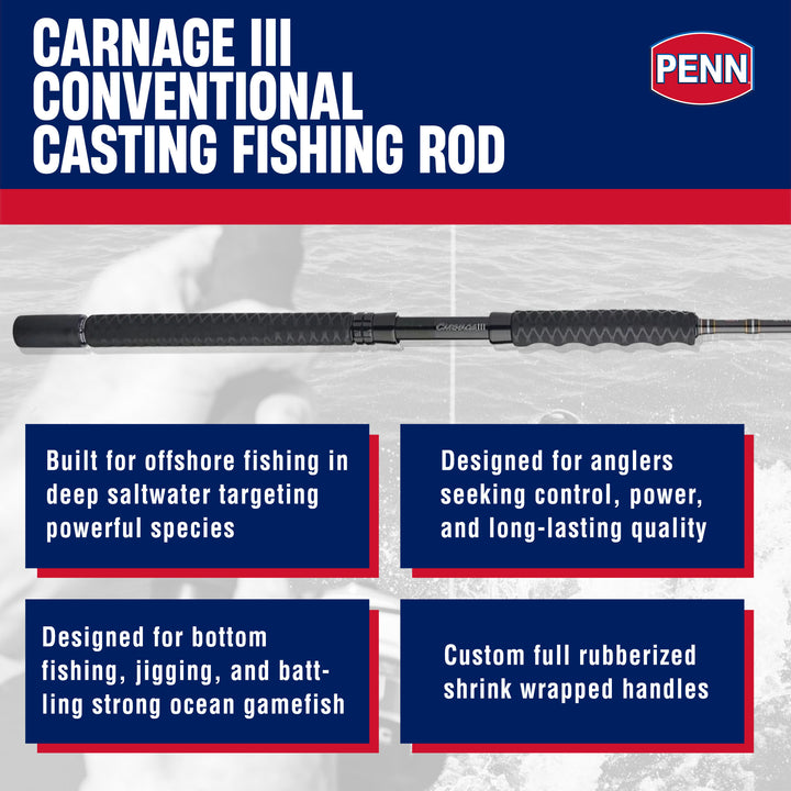 Penn Carnage III Boat Conventional Casting Fishing Rod 7’, up to 100 Lbs, Black - VMInnovations