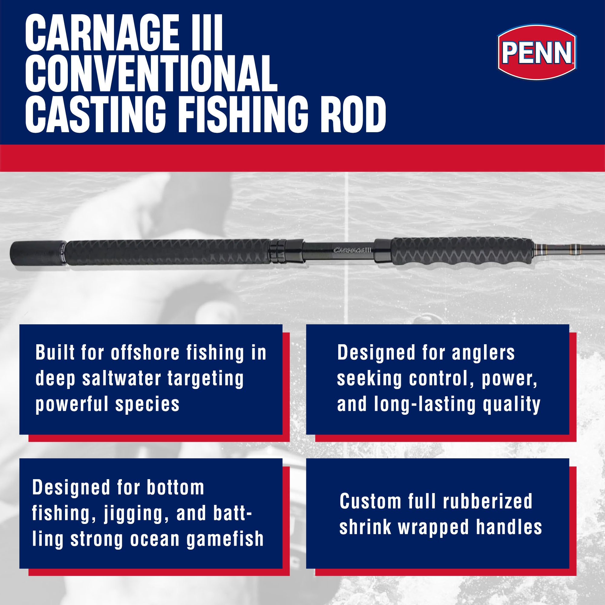Penn Carnage III Boat Conventional Casting Fishing Rod 7’, Black (Open Box) - VMInnovations