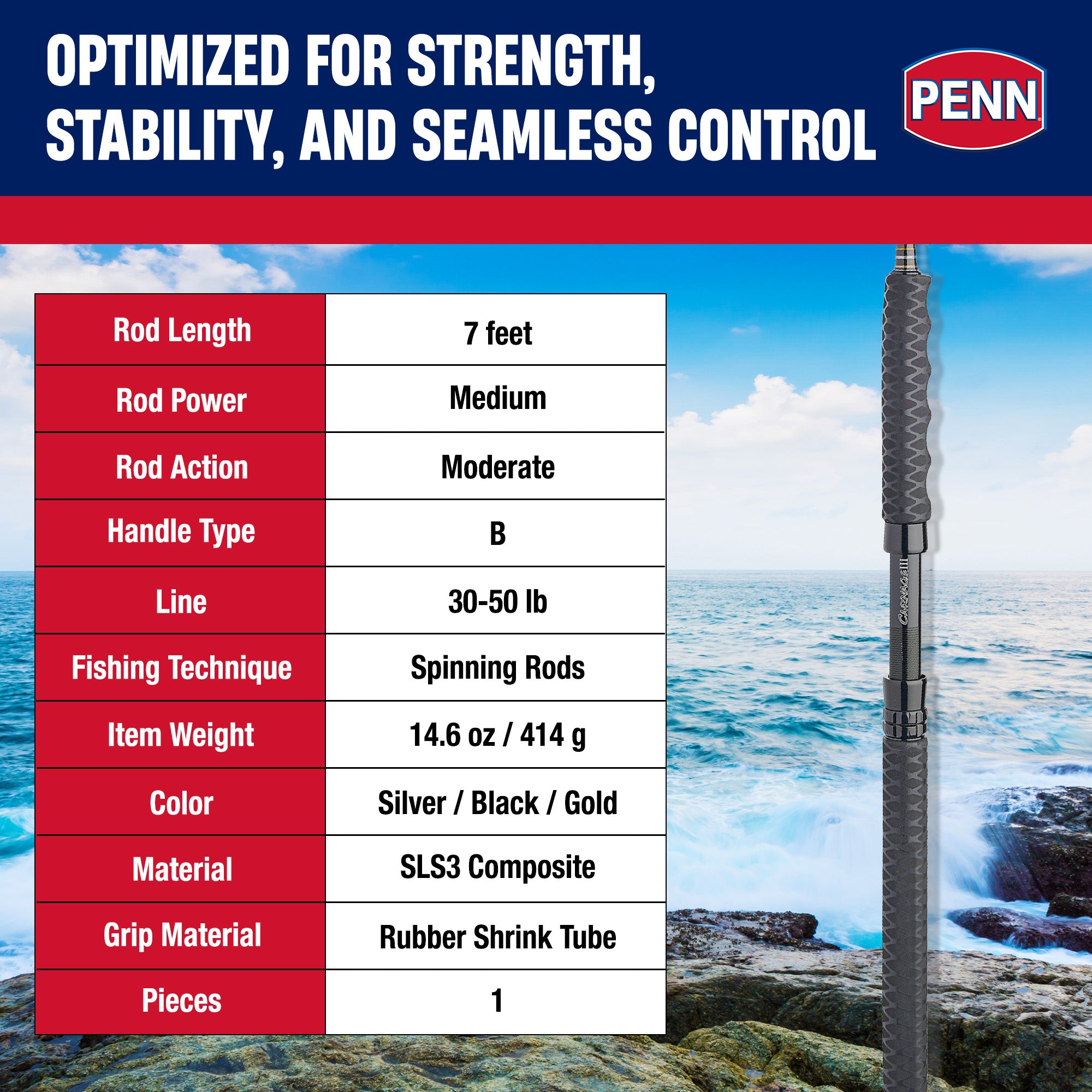 Penn Carnage III Boat Conventional Spinning Fishing Rod 7’, (Open Box)