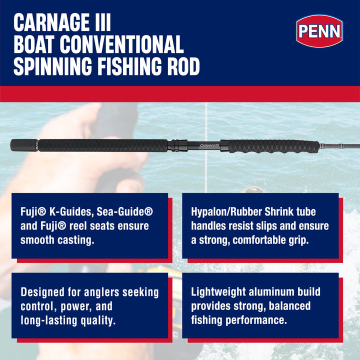 Penn Carnage III Boat Conventional Spinning Fishing Rod 7’, up to 50 Lbs, Black - VMInnovations