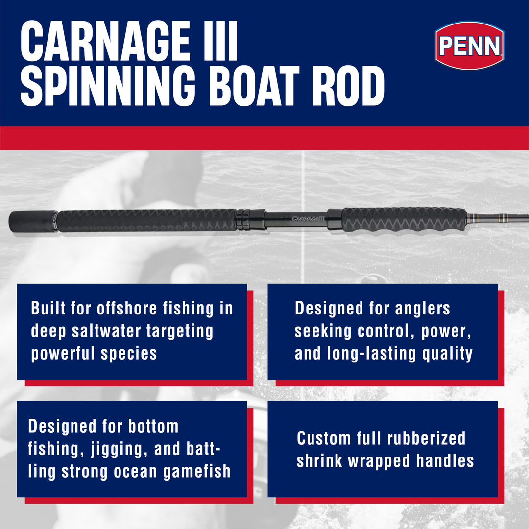 Penn Carnage III Boat Conventional Spinning Fishing Rod 7’, up to 80 Lbs, Black - VMInnovations