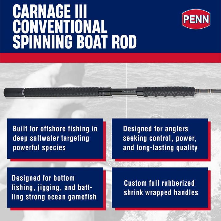 Penn Carnage III Boat Conventional Spinning Fishing Rod 6’, up to 100 Lbs, Black - VMInnovations