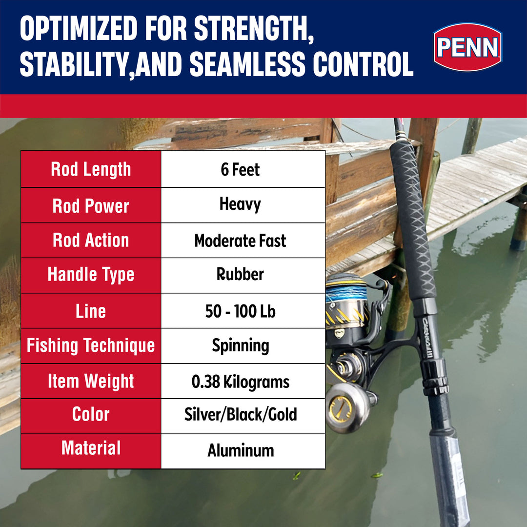 Penn Carnage III Boat Conventional Spinning Fishing Rod 6’, up to 100 Lbs, Black - VMInnovations
