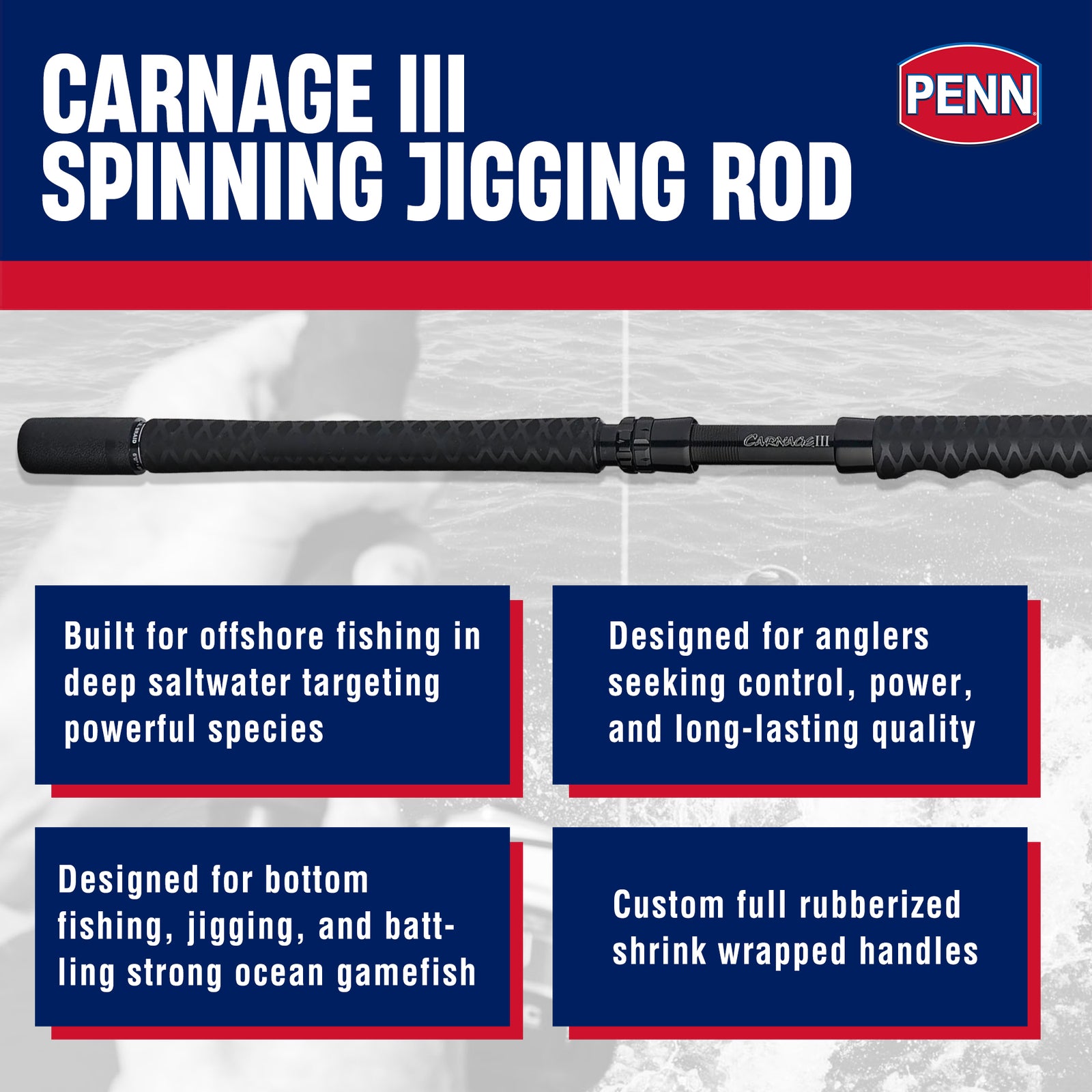 Penn Carnage III Jig Conventional Spinning Fishing Rod 6’, up to 200 Lbs, Black - VMInnovations