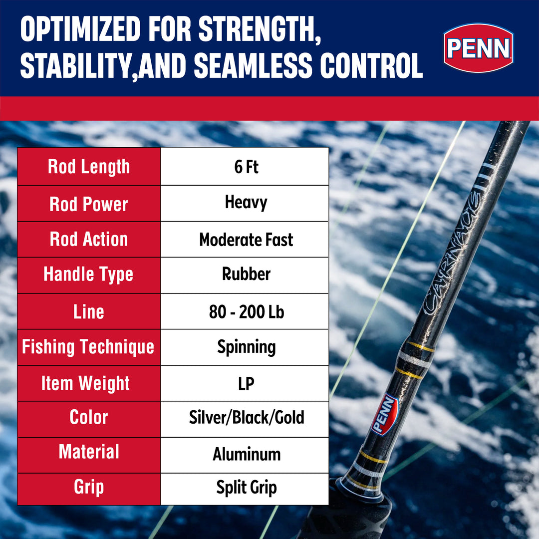 Penn Carnage III Jig Conventional Spinning Fishing Rod 6’, up to 200 Lbs, Black - VMInnovations