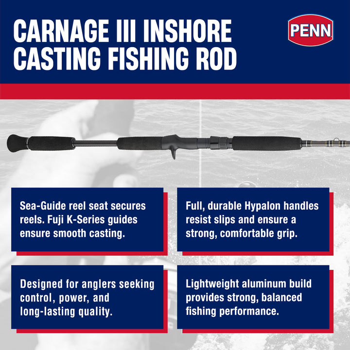 Penn Carnage III Inshore Casting Fishing Rod, 7 Feet, Loads up to 20 Lbs, Black - VMInnovations