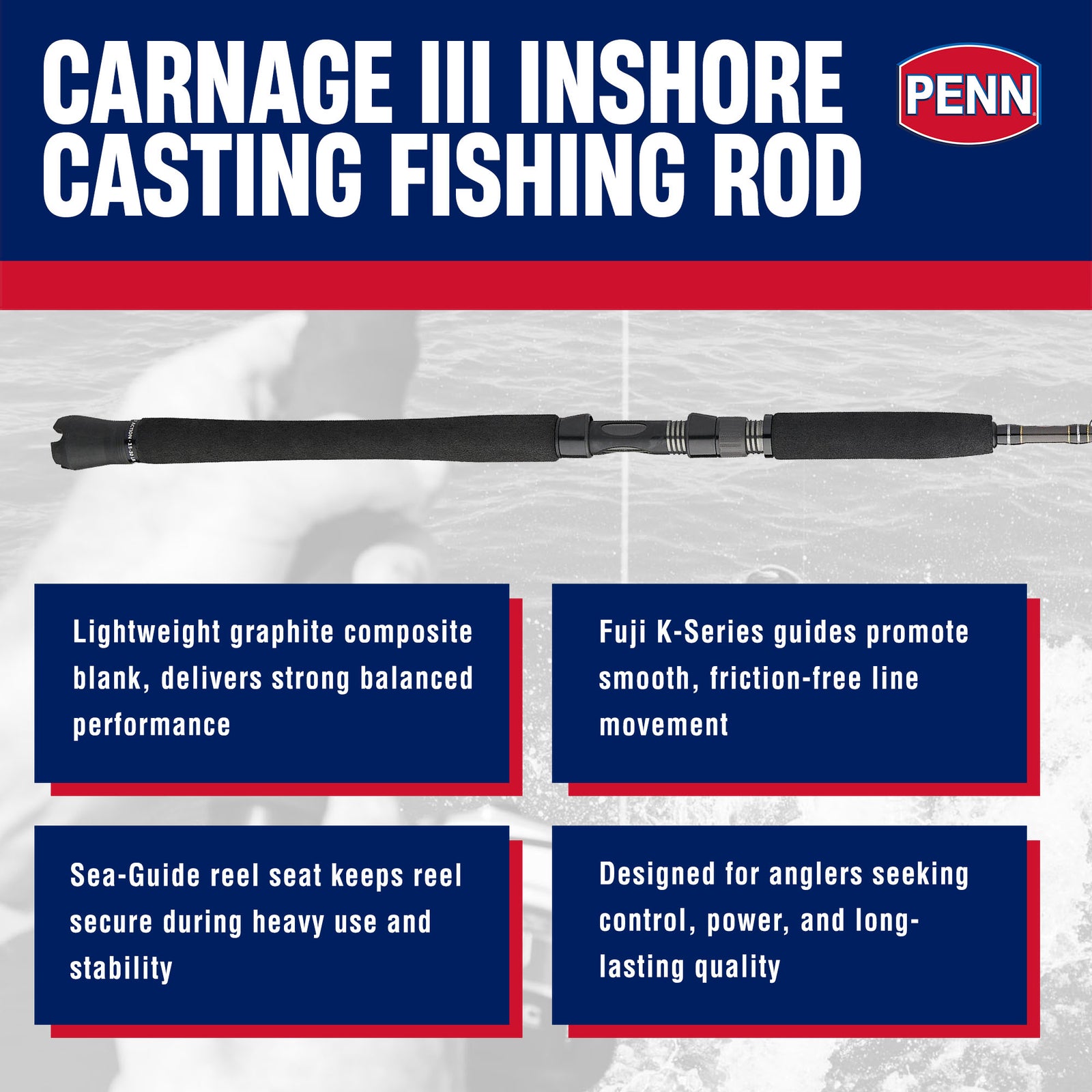 Penn Carnage III Inshore Casting Fishing Rod, 7 Feet, Loads up to 30 Lbs, Black - VMInnovations