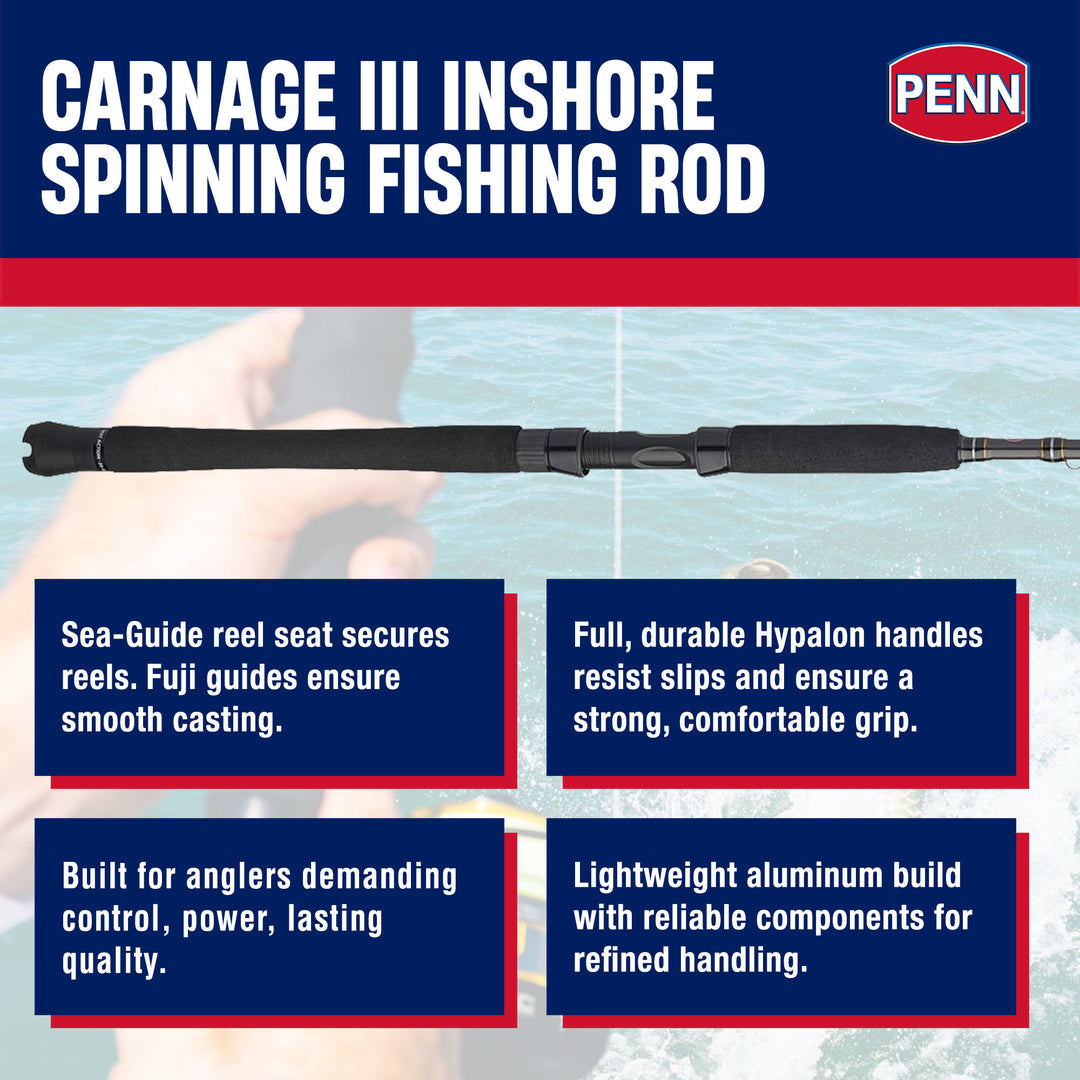 Penn Carnage III Inshore Spinning Fishing Rod, 7 Feet, Loads up to 30 Lbs, Black - VMInnovations