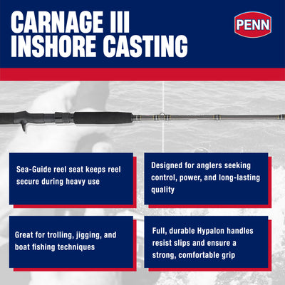 Penn Carnage III Inshore Casting Fishing Rod, 7 Feet, Loads to 15 Lbs,(Open Box) - VMInnovations