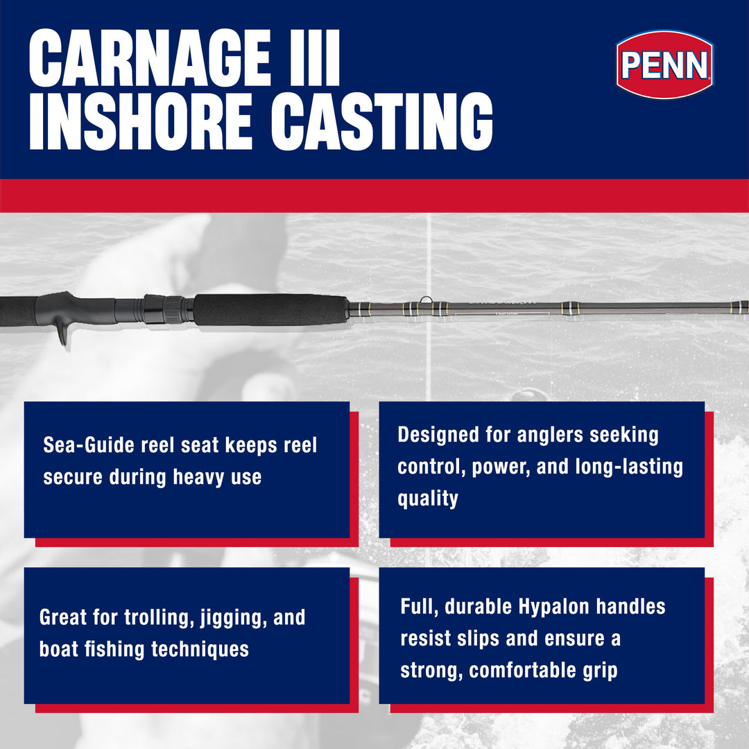 Penn Carnage III Inshore Casting Fishing Rod, 7 Feet, Loads to 15 Lbs,(Open Box) - VMInnovations