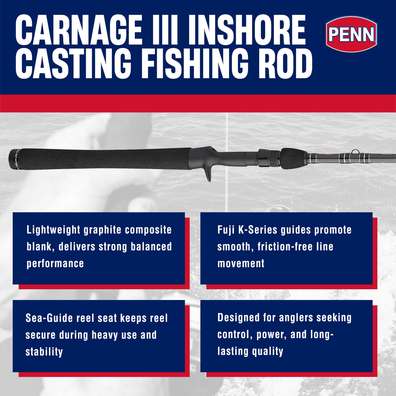 Penn Carnage III Inshore Casting Fishing Rod, 7 Feet, Loads up to 17 Lbs, Black - VMInnovations