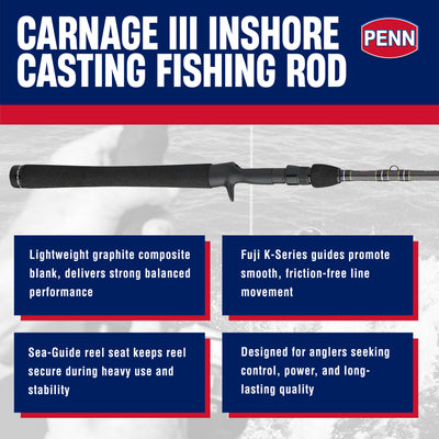 Penn Carnage III Inshore Casting Fishing Rod, 7 Ft, Loads up to 17 Lbs(Open Box)
