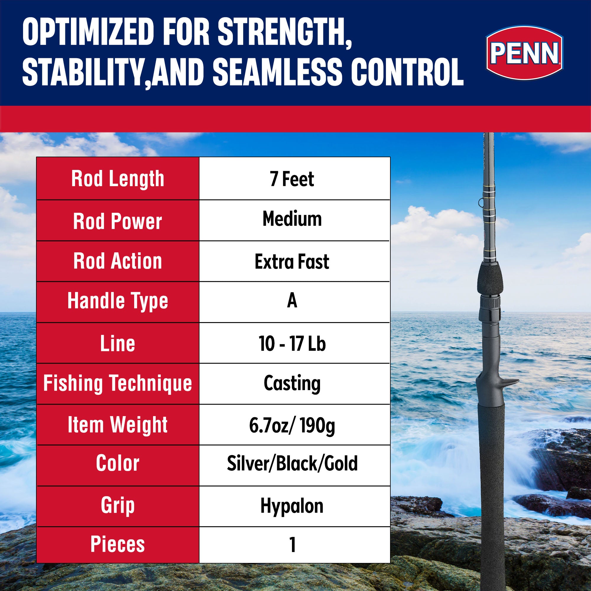 Penn Carnage III Inshore Casting Fishing Rod, 7 Ft, Loads up to 17 Lbs(Open Box)