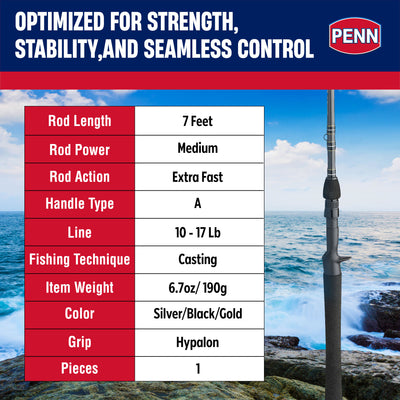 Penn Carnage III Inshore Casting Fishing Rod, 7 Ft, Loads up to 17 Lbs(Open Box)