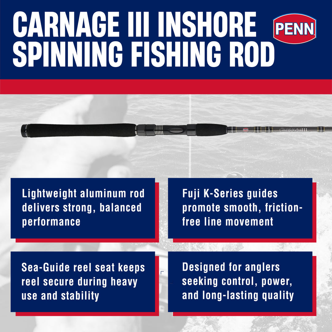 Penn Carnage III Inshore Spinning Fishing Rod, 7 Feet, Loads up to 15 Lbs, Black - VMInnovations
