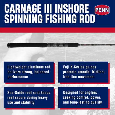 Penn Carnage III Inshore Spinning Fishing Rod, 7 Ft, Loads up 15 Lbs(Open Box)