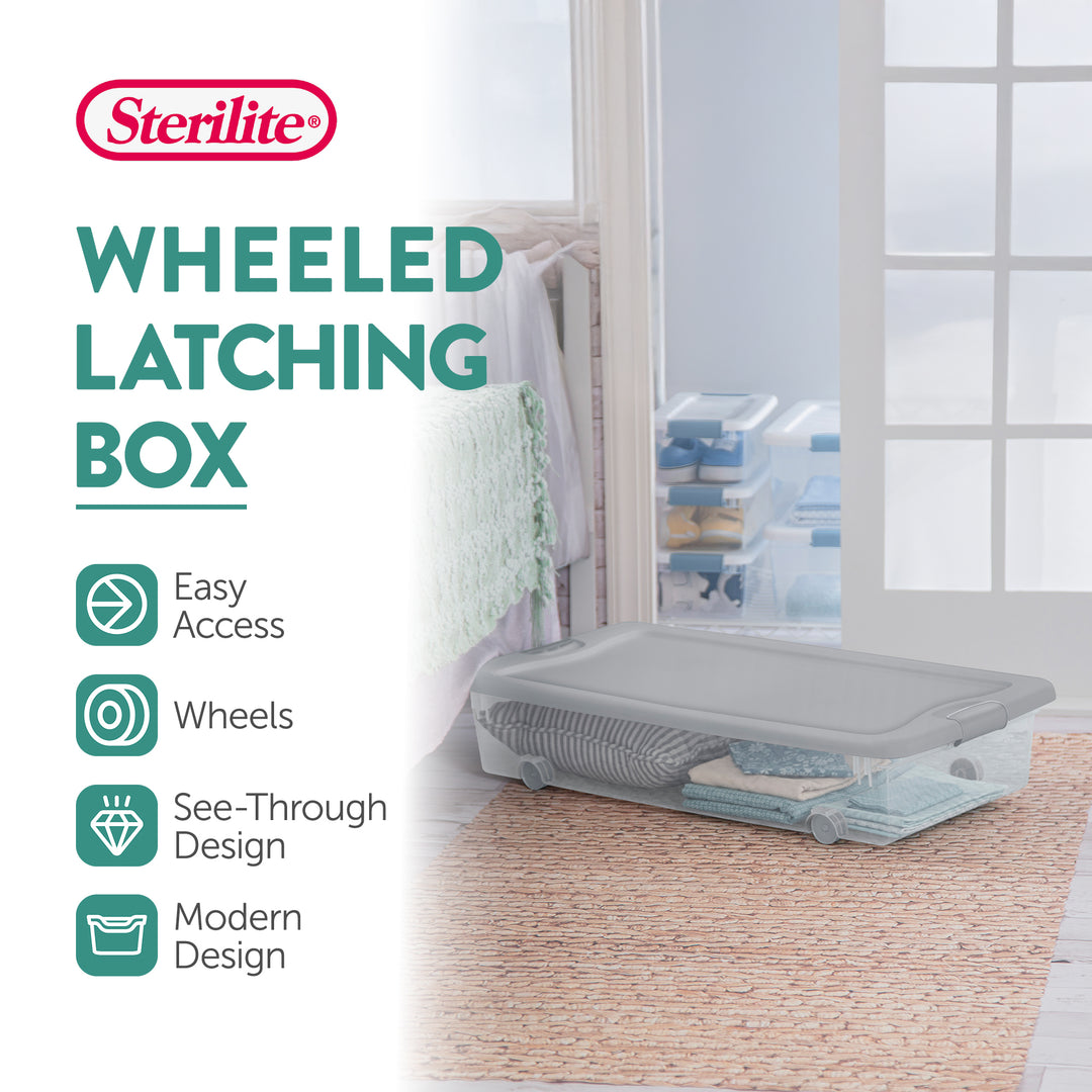 Sterilite 56 Qt Wheeled Under Bed Storage Container, Plastic Bin, Silver, 4 Pack