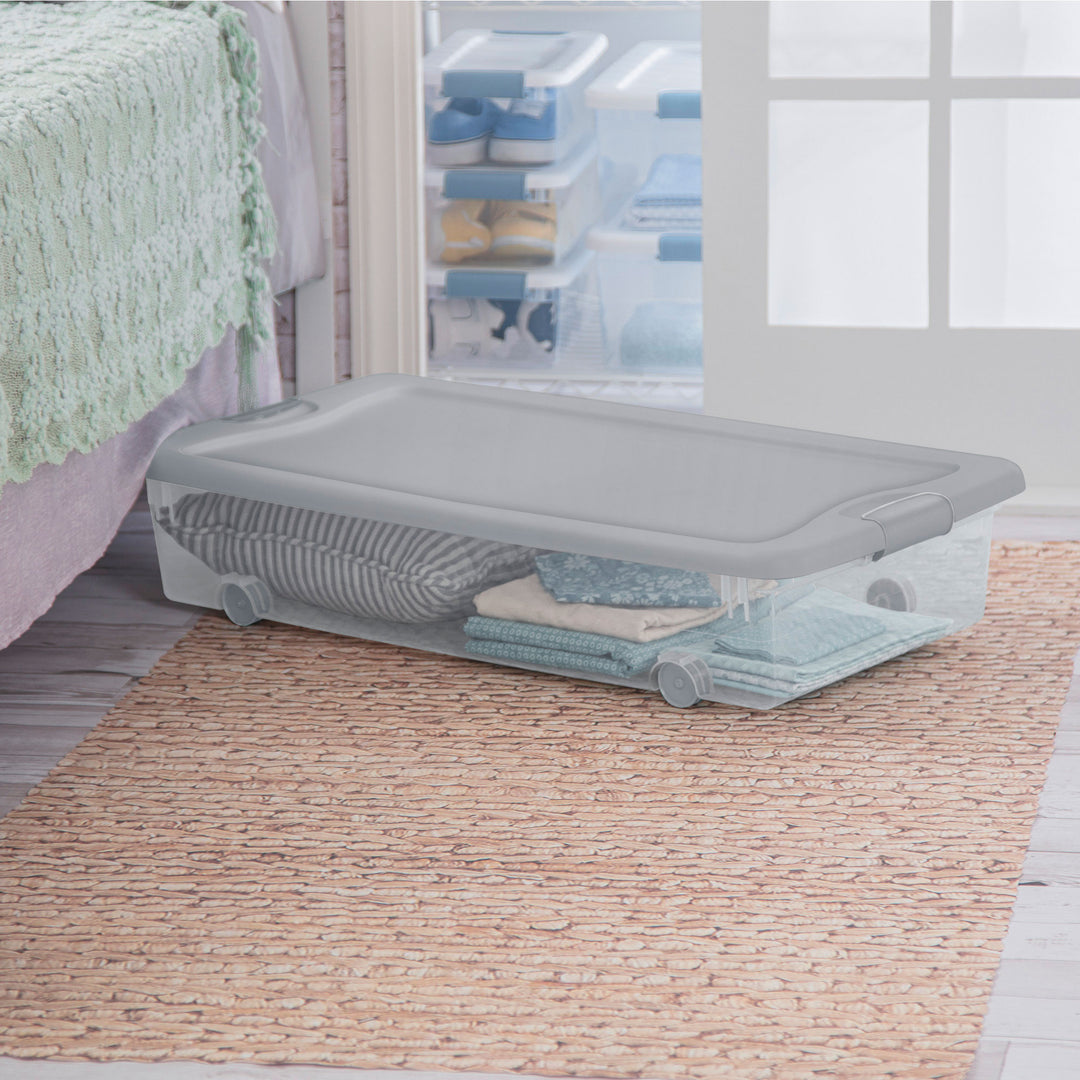 Sterilite 56Qt Wheeled Under Bed Storage Container, Plastic Bin, Silver, 12 Pack