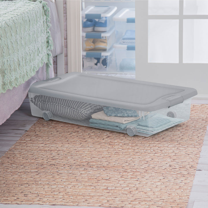 Sterilite 56Qt Wheeled Under Bed Storage Container, Plastic Bin, Silver, 12 Pack