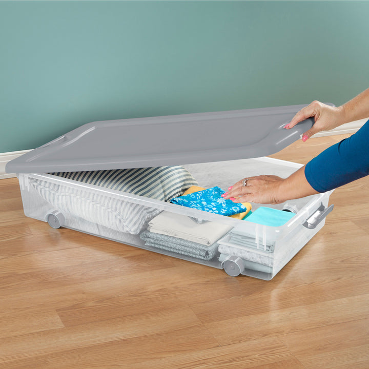 Sterilite 56 Qt Wheeled Under Bed Storage Container, Plastic Bin, Silver, 8 Pack - VMInnovations
