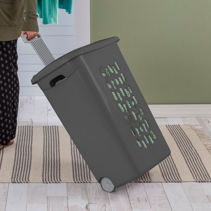 Sterilite Ultra Wheeled Hamper, Laundry Basket w/Lid & Handle, Flat Grey, 3 Pack